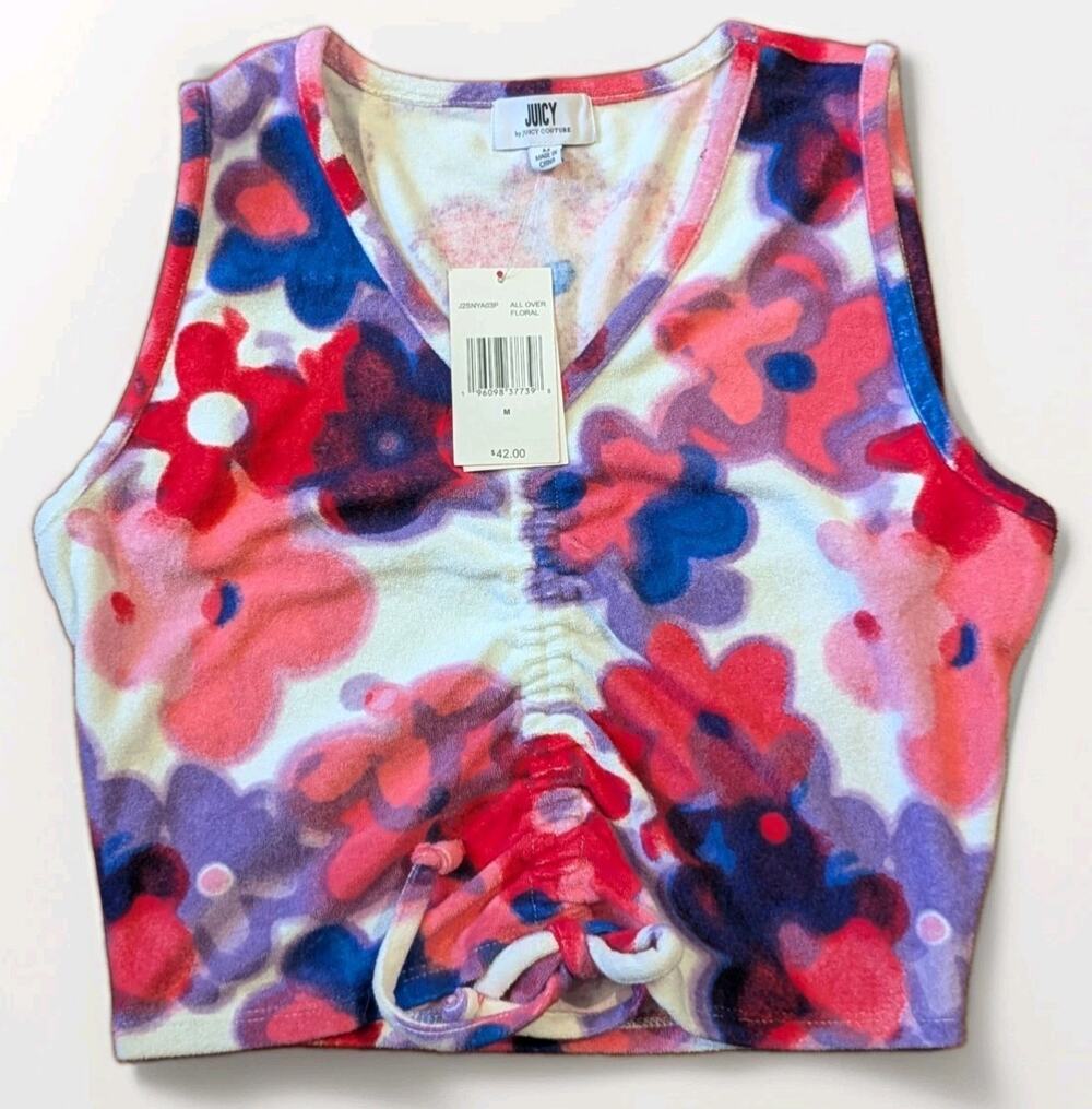 Y2K Juicy Couture Womens M Floral Crop Top Ruched Tie Front NWT Pink Blue